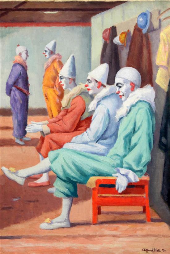 Clifford Hall (1904-1973) Clowns backstage, 22 x 16in., unframed